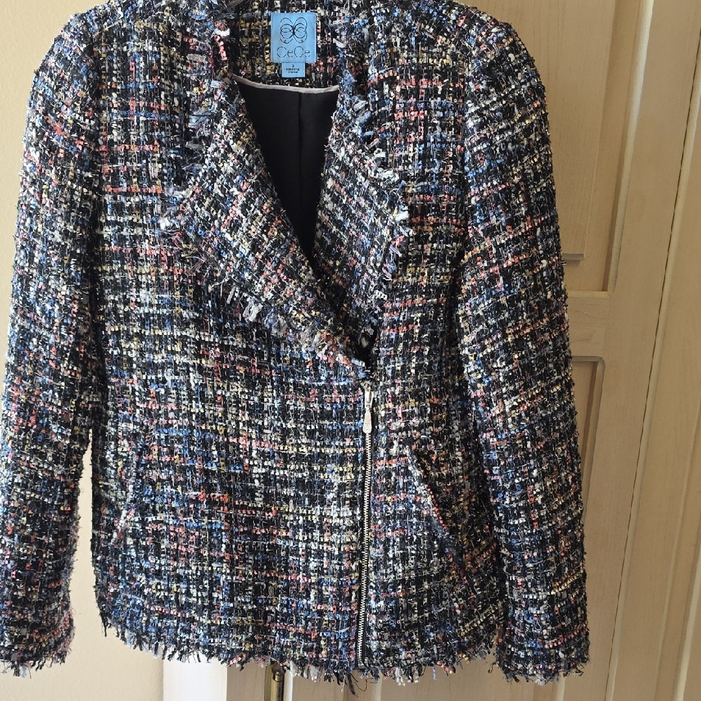 CeCe Black Multicolor Metalic Tweed Asymmetric Zip Jacket
